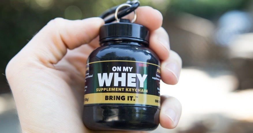 Holding OnMyWhey Keychain Funnel 