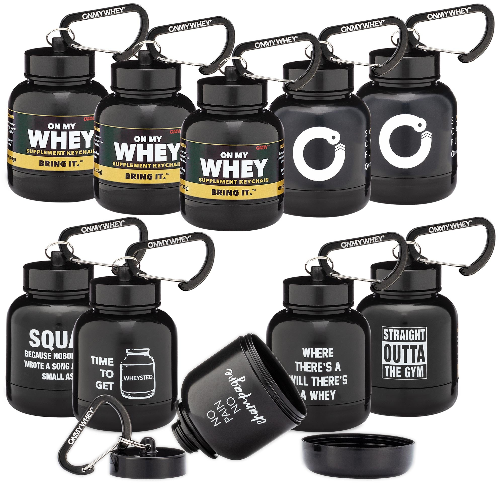 OnMyWhey Protein Container with Funnel and Keychain, 75cc 5-Pack